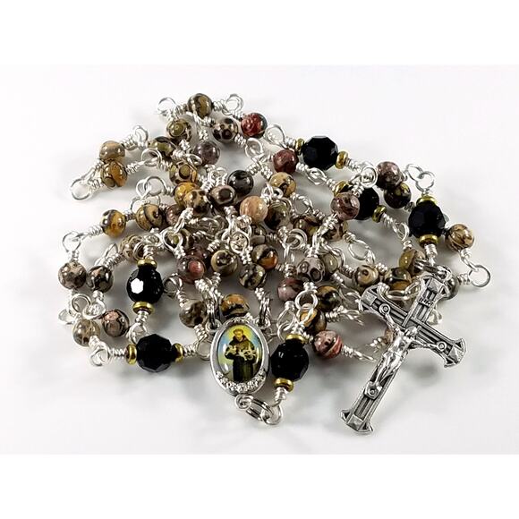 St. Francis of Assisi 5 Decade Rosary, Gemstone & Crystal Beads, Silver Plated - Picture 4 of 10